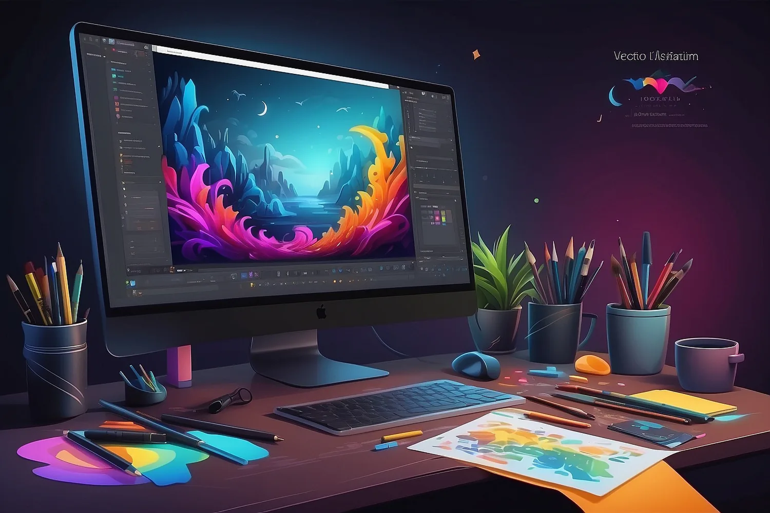 تصميم جرافيكي بيئة عمل إبداعية برامج تصميم رسومات فكتور أدوات فنية مكتب مصمم محترف