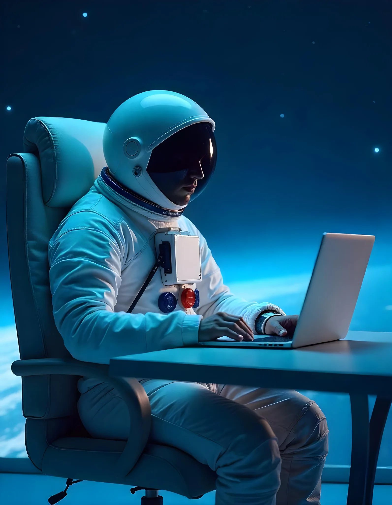 رائد فضاء يجلس على كرسي مكتبي ويعمل على حاسوب محمول في الفضاء الخارجي الابتكار في التسويق الرقمي تسويق الكتروني مبتكر